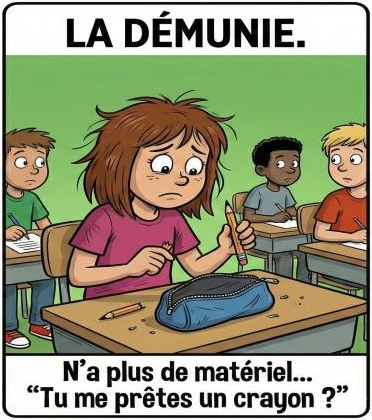 La démunie : n'a plus de matériel, « Tu me prêtes un crayon ? »