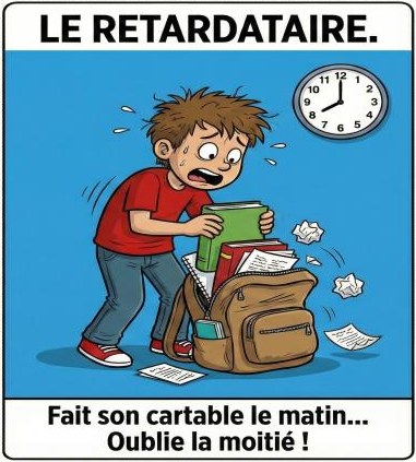 Le retardataire : fait son cartable le matin et oublie la moitié